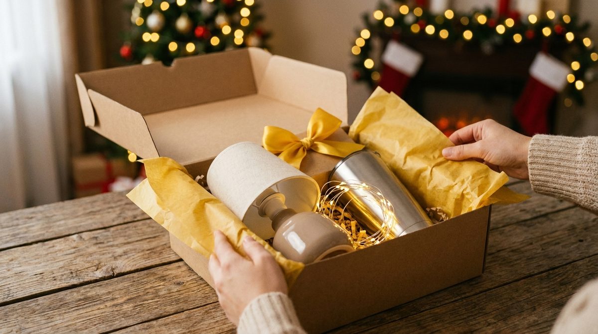 Cajita navideña armada a mano con varios productos: una lámpara, un vaso térmico y luces LED, con papel y cinta amarilla