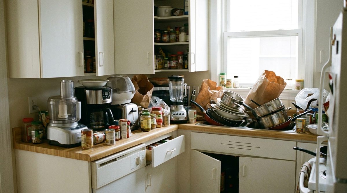 Cocina pequeña con la mesada desbordada, antes de organizarla