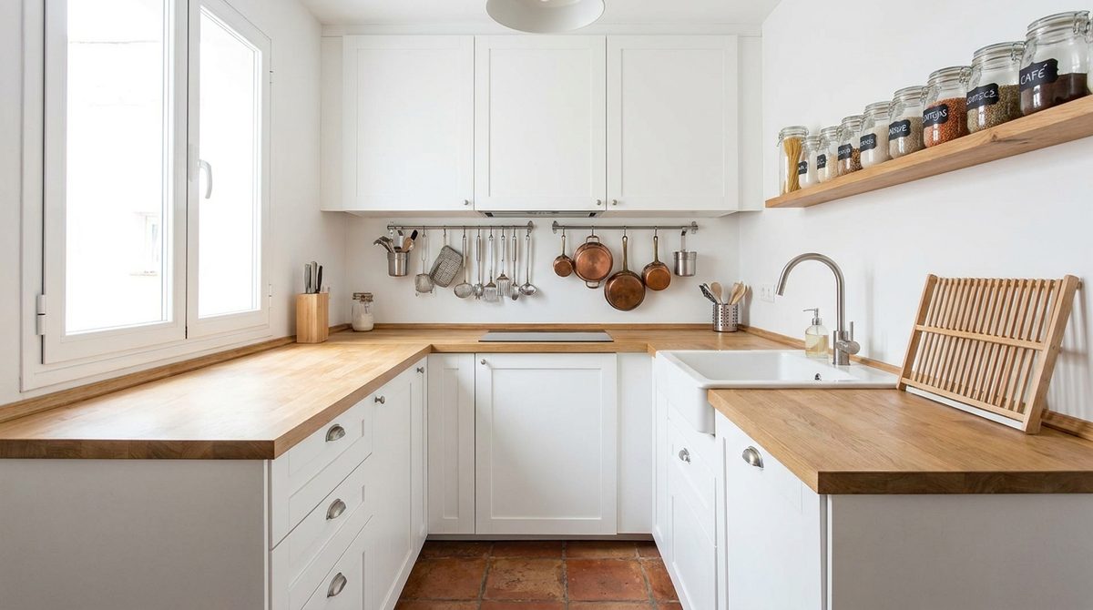 La misma cocina pequeña con la mesada despejada y todo en su lugar