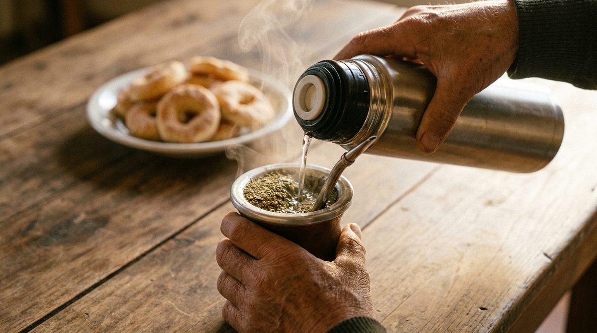 Manos cebando un mate: agua caliente cayendo del termo sobre la montañita de yerba