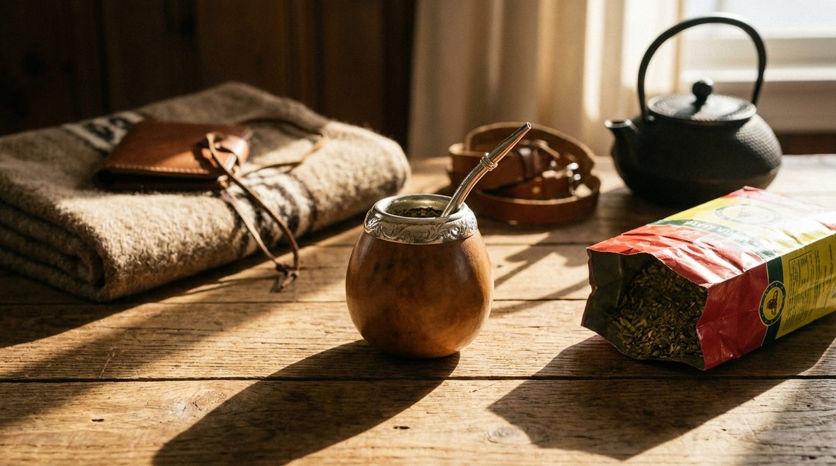 Mate de calabaza nuevo con bombilla y yerba sobre mesa de madera, listo para ser curado