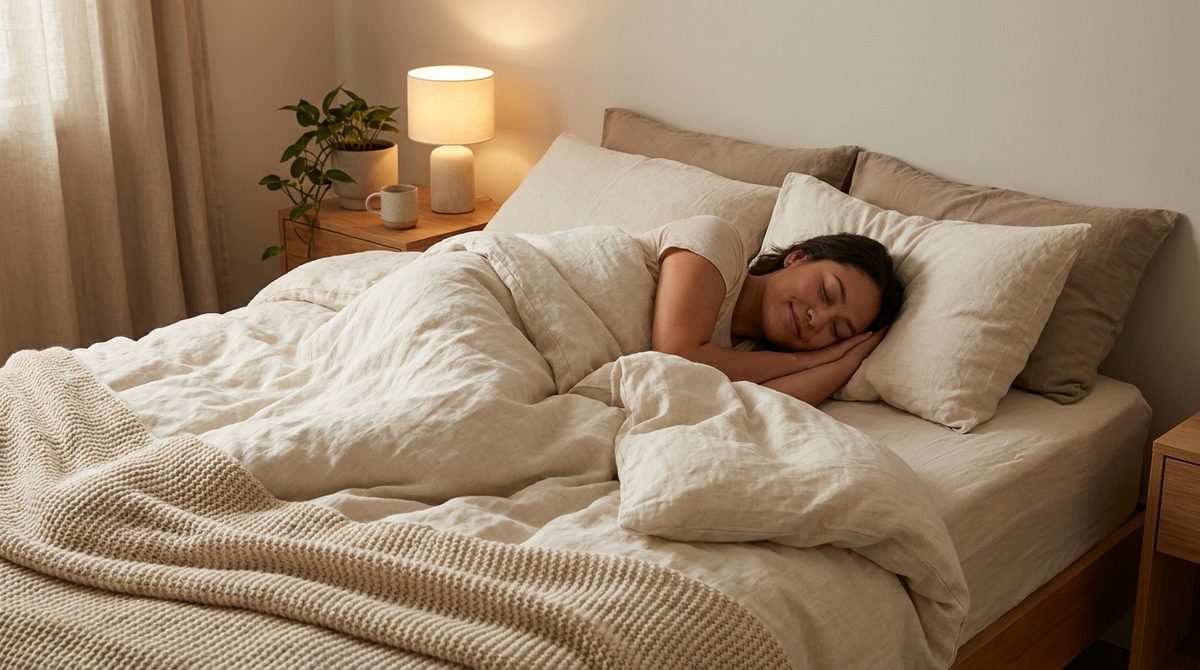 Persona durmiendo plácidamente en un dormitorio cálido y tranquilo