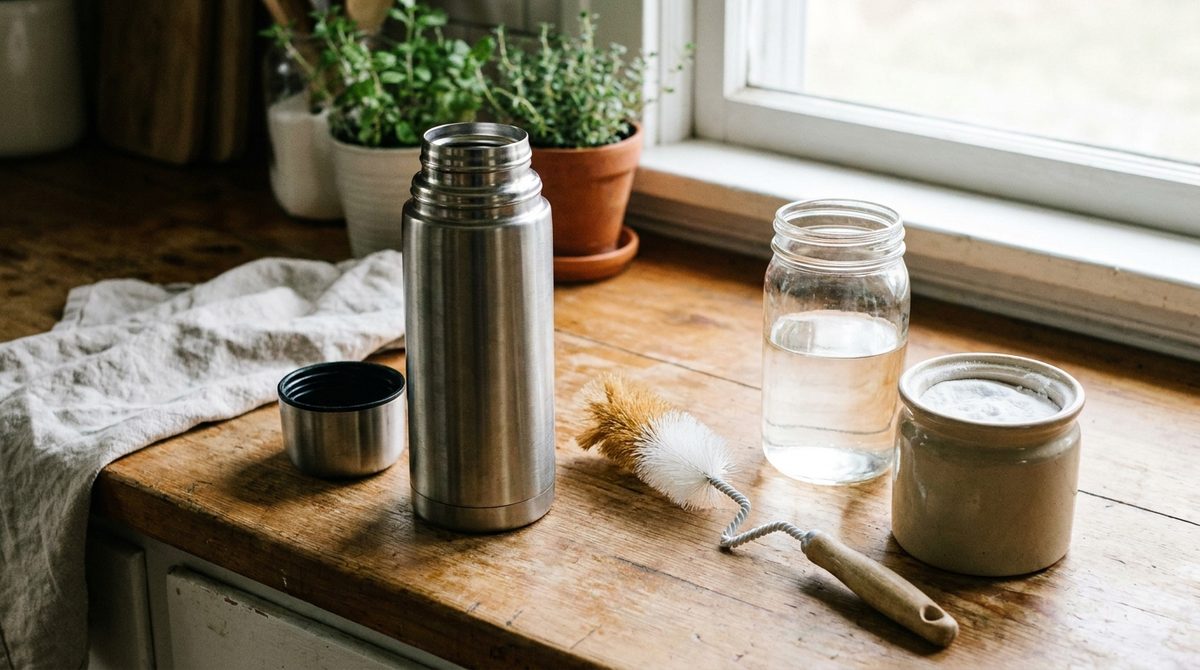 Termo de acero inoxidable destapado junto a cepillo para botellas, vinagre blanco y bicarbonato sobre la mesada