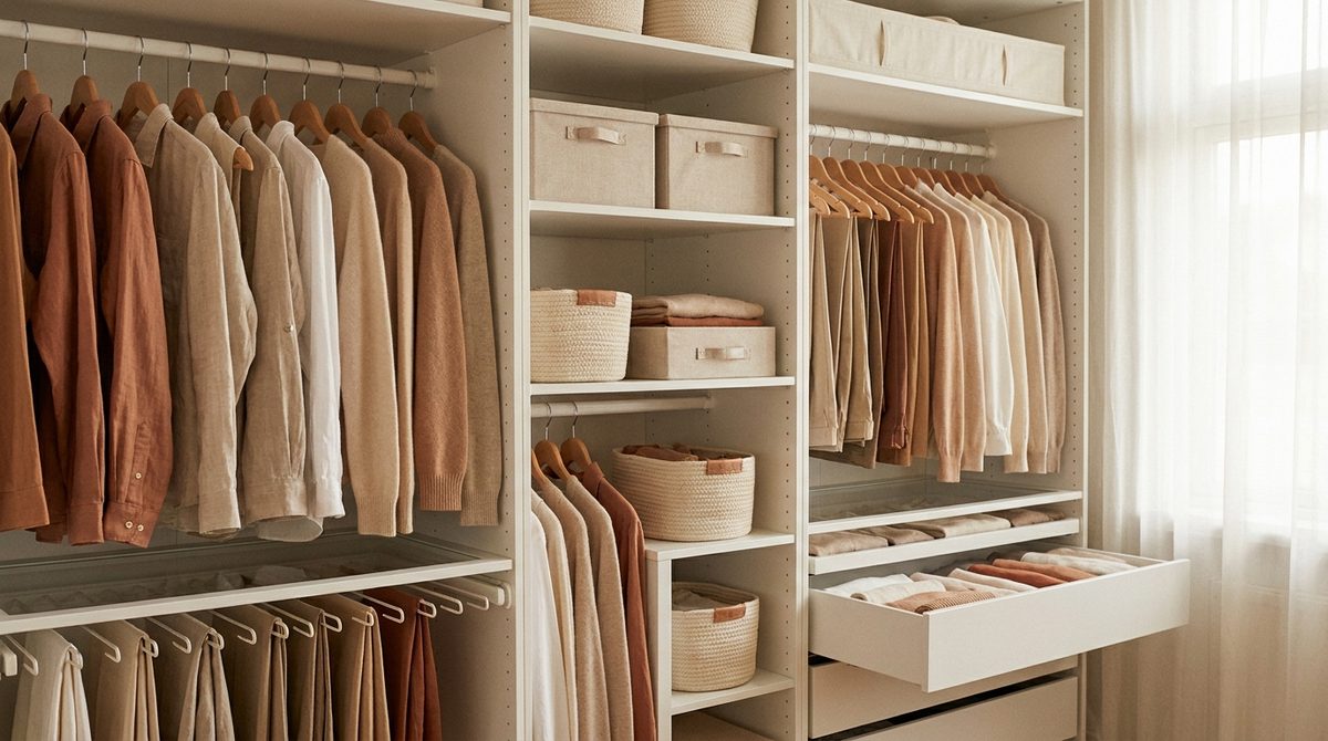 Placard organizado con perchas iguales, cajas de tela y doblado vertical en cajones