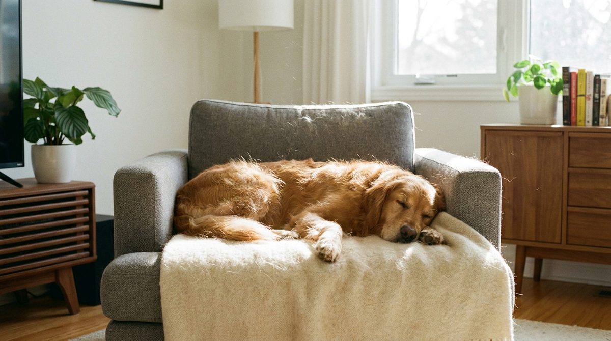 Perro golden retriever descansando sobre una manta clara en un sillón gris con pelos visibles