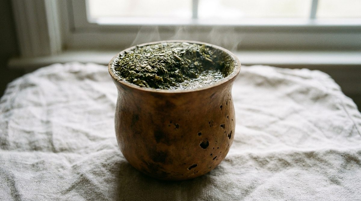 Mate de calabaza relleno de yerba húmeda durante el proceso de curado de 24 horas