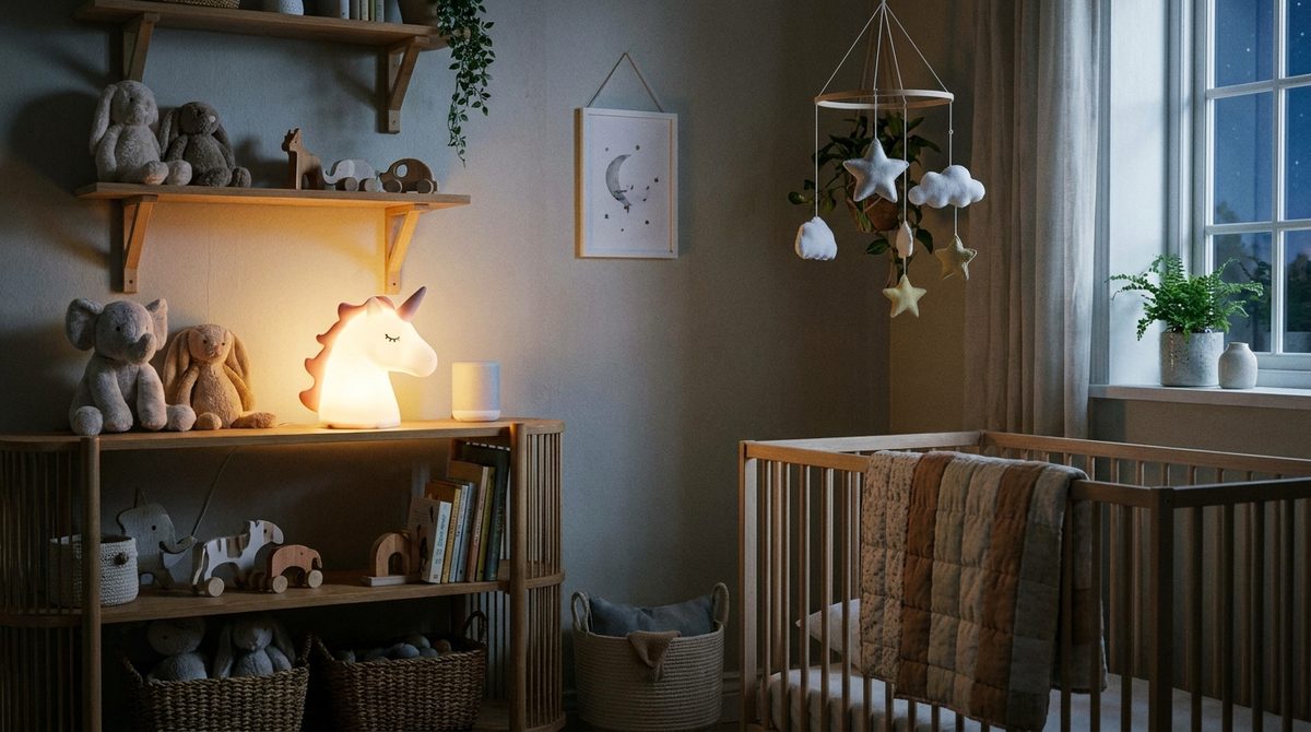 Velador LED con forma de unicornio encendido en una habitación infantil serena de noche