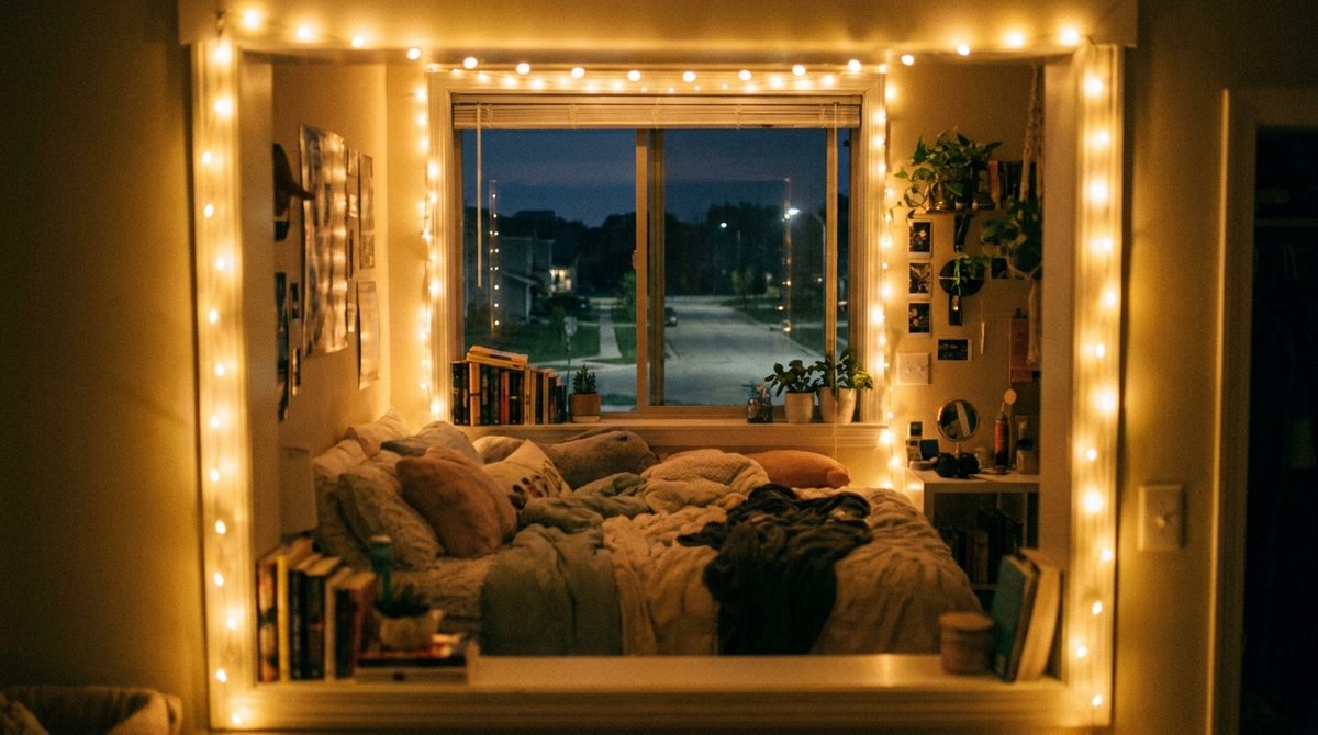 Guirnalda de luces LED cálidas enmarcando la ventana de una habitación juvenil de noche