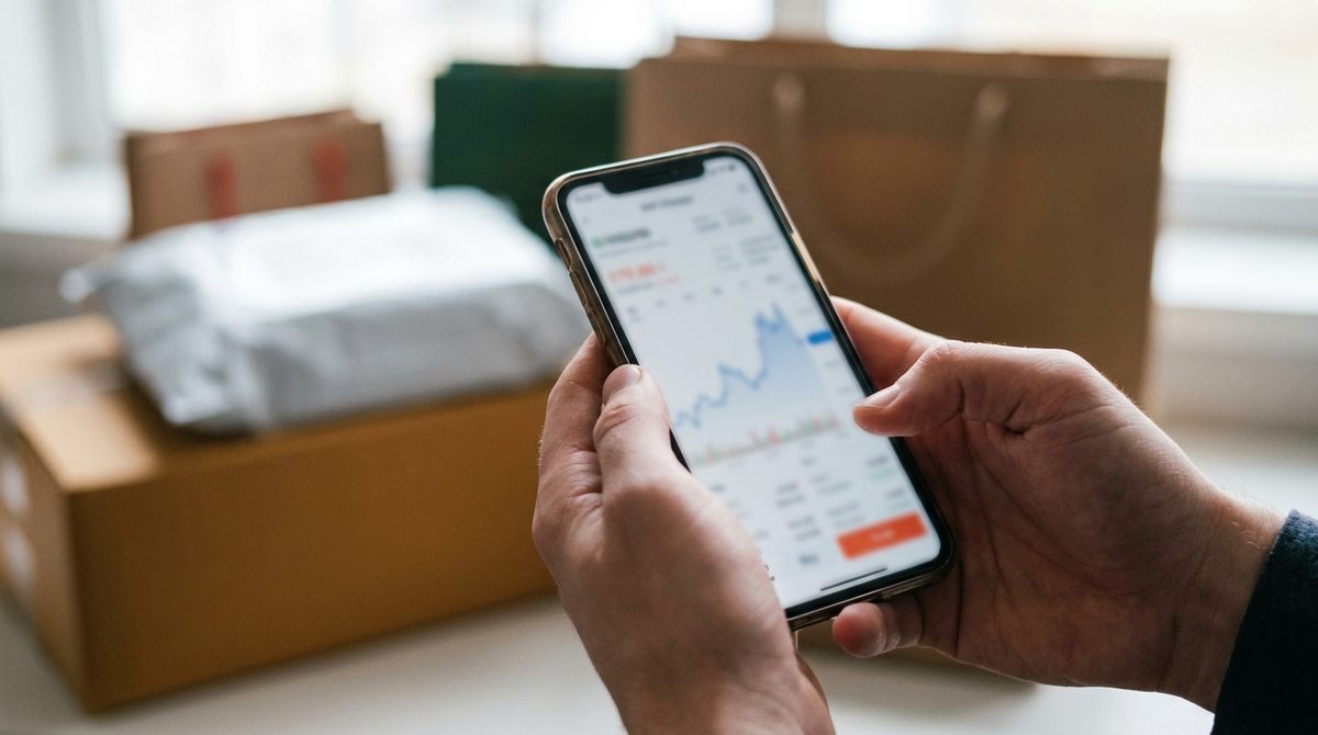 Manos comparando precios en el celular junto a paquetes de compras online, para detectar descuentos reales