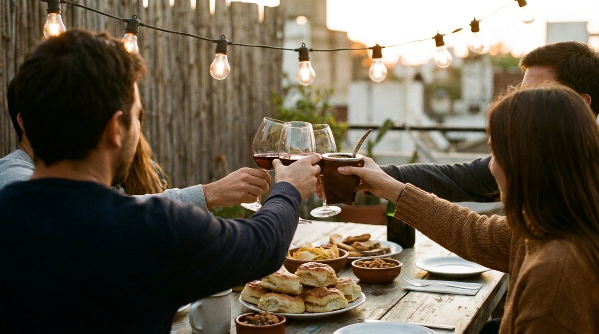Amigos brindando en una juntada al atardecer con luces cálidas por el Día del Amigo
