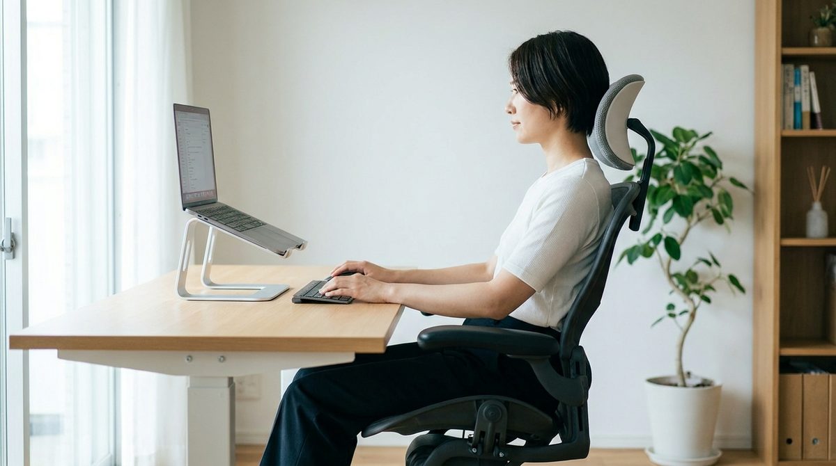 Puesto de trabajo ergonómico con la laptop elevada a la altura de los ojos y la espalda alineada