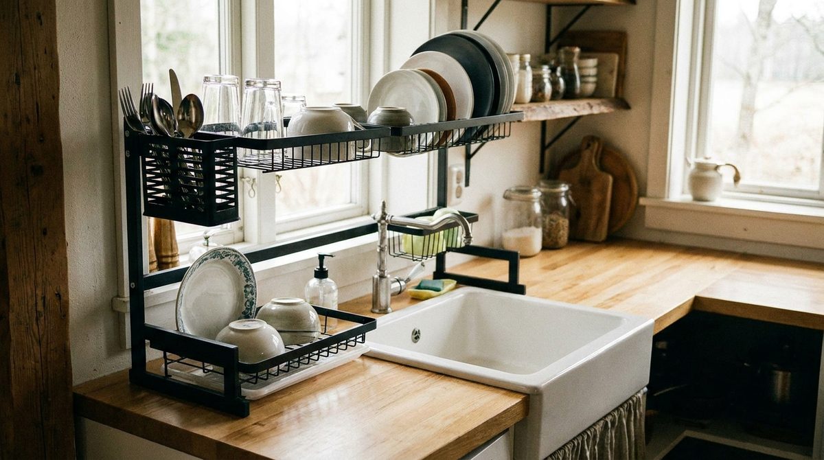 Escurridor de platos vertical de varios niveles junto a la bacha de una cocina pequeña