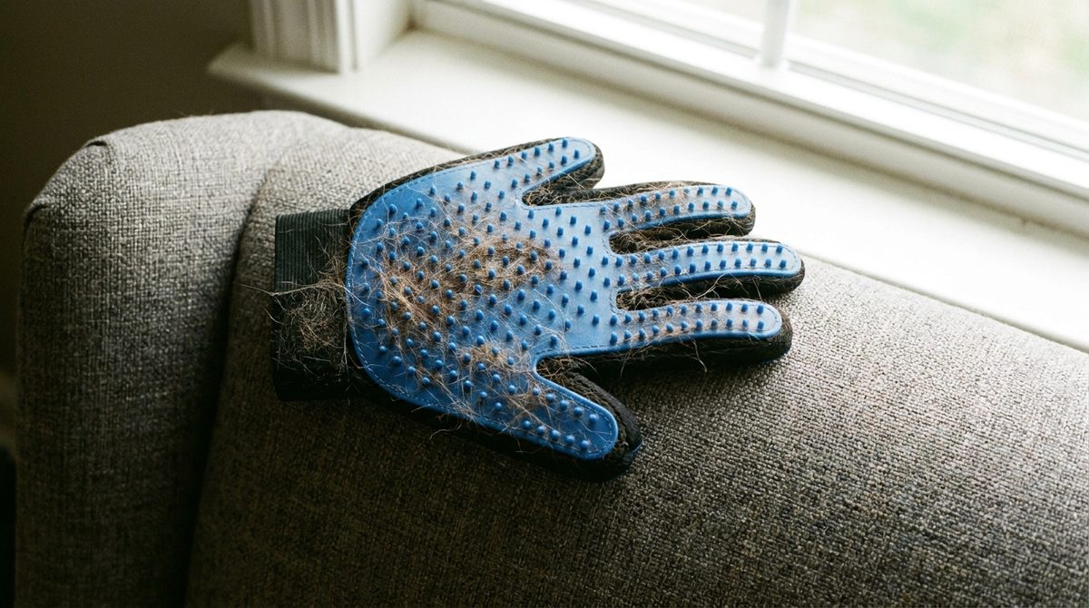 Guante de silicona para quitar pelos de mascota cubierto de pelo de perro sobre un sillón gris