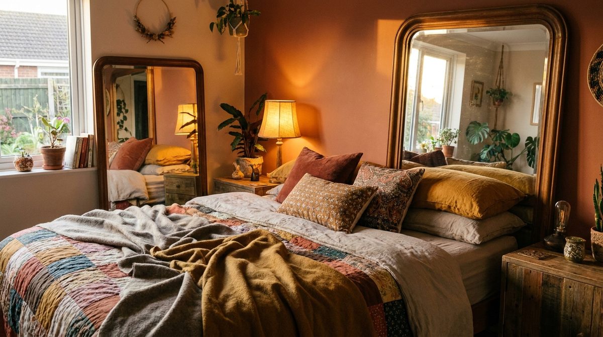 Dormitorio decorado con poco presupuesto: textiles en capas, velador de luz cálida y espejo grande contra la pared