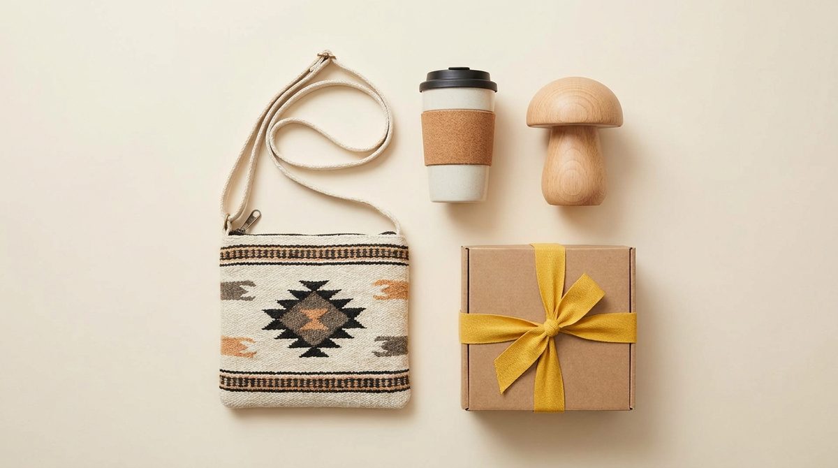 Ideas de regalos para el Día de la Madre por presupuesto: bandolera tejida, vaso térmico, velador y caja de regalo con cinta amarilla