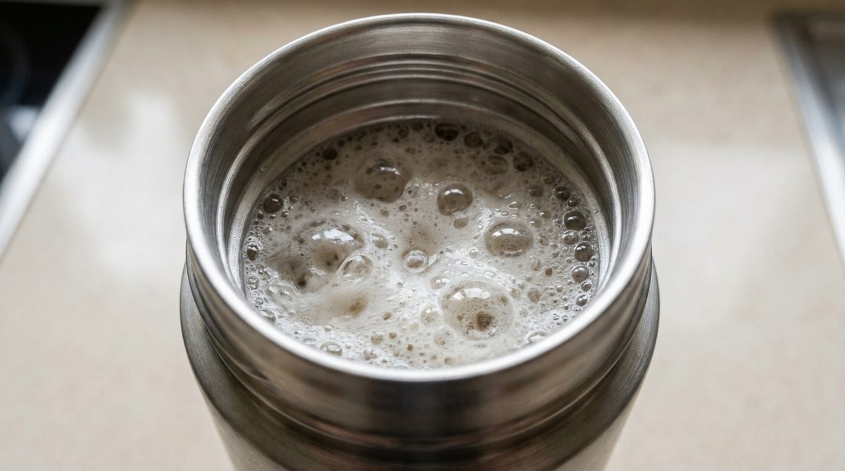 Interior de un termo de acero inoxidable con espuma de bicarbonato y vinagre burbujeando