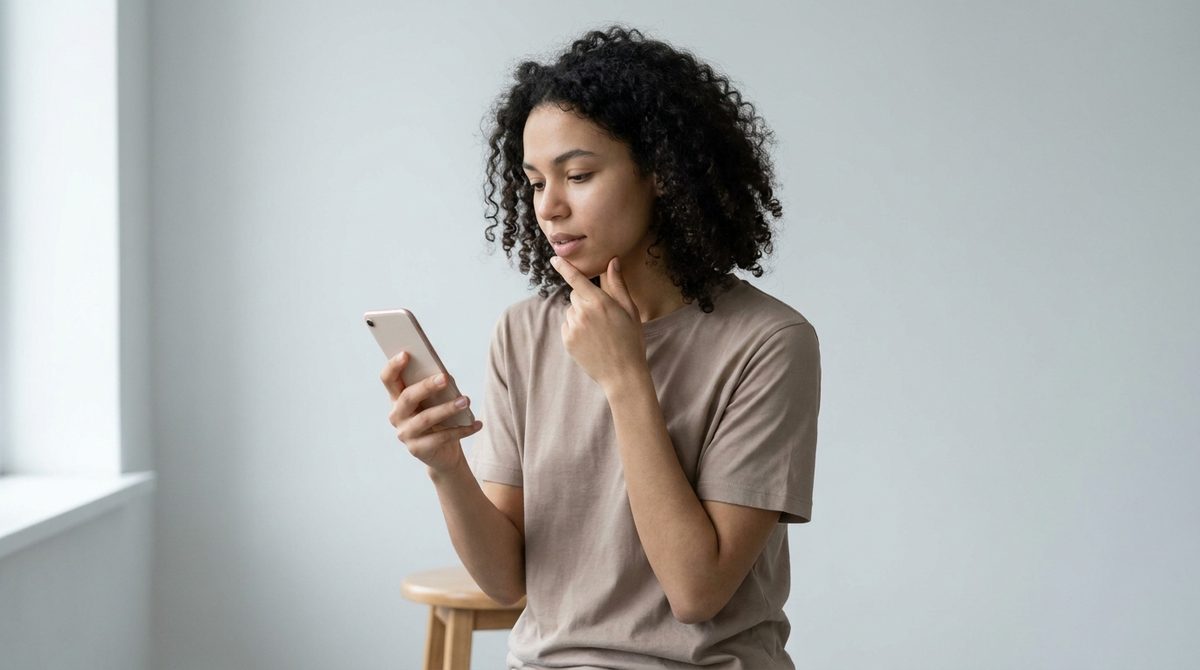 Persona joven tocándose la mandíbula mientras mira el celular, dudando si el mewing funciona