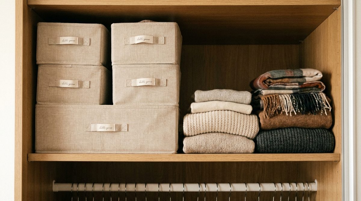 Cajas organizadoras de tela con ropa de invierno en el estante superior del placard