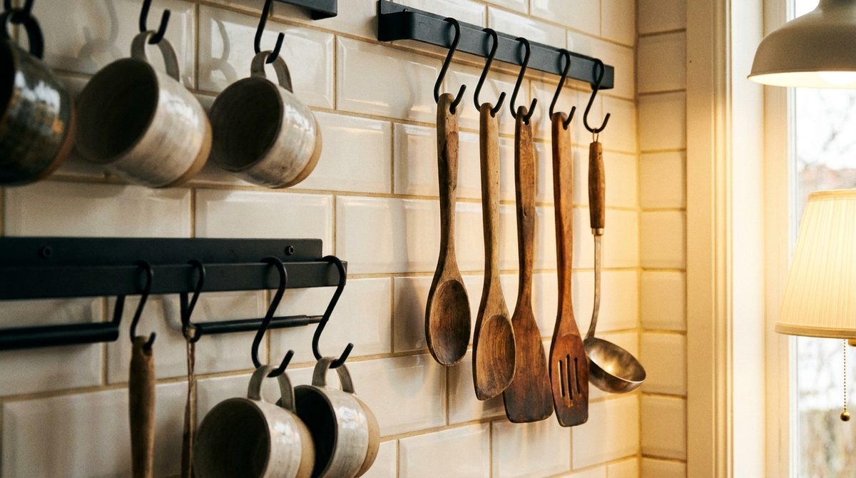 Organizadores colgantes de metal negro con tazas y utensilios en la pared de una cocina