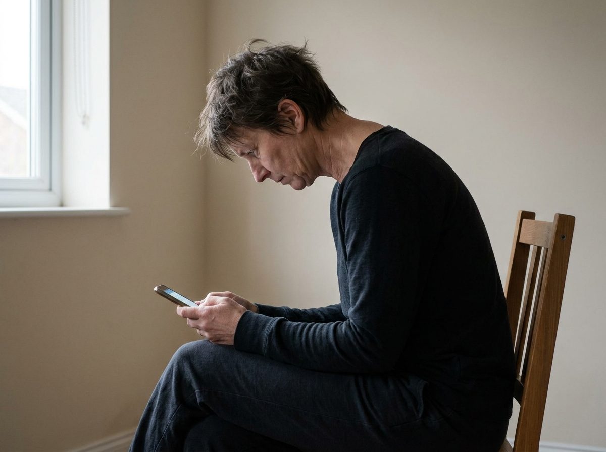 Persona encorvada mirando el celular con la cabeza adelantada, la postura que genera la joroba del cuello o tech neck