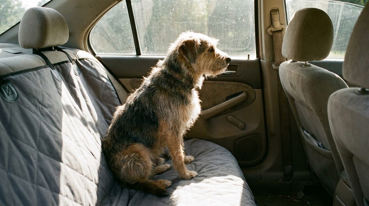 Perro sentado sobre una manta protectora gris en el asiento trasero de un auto