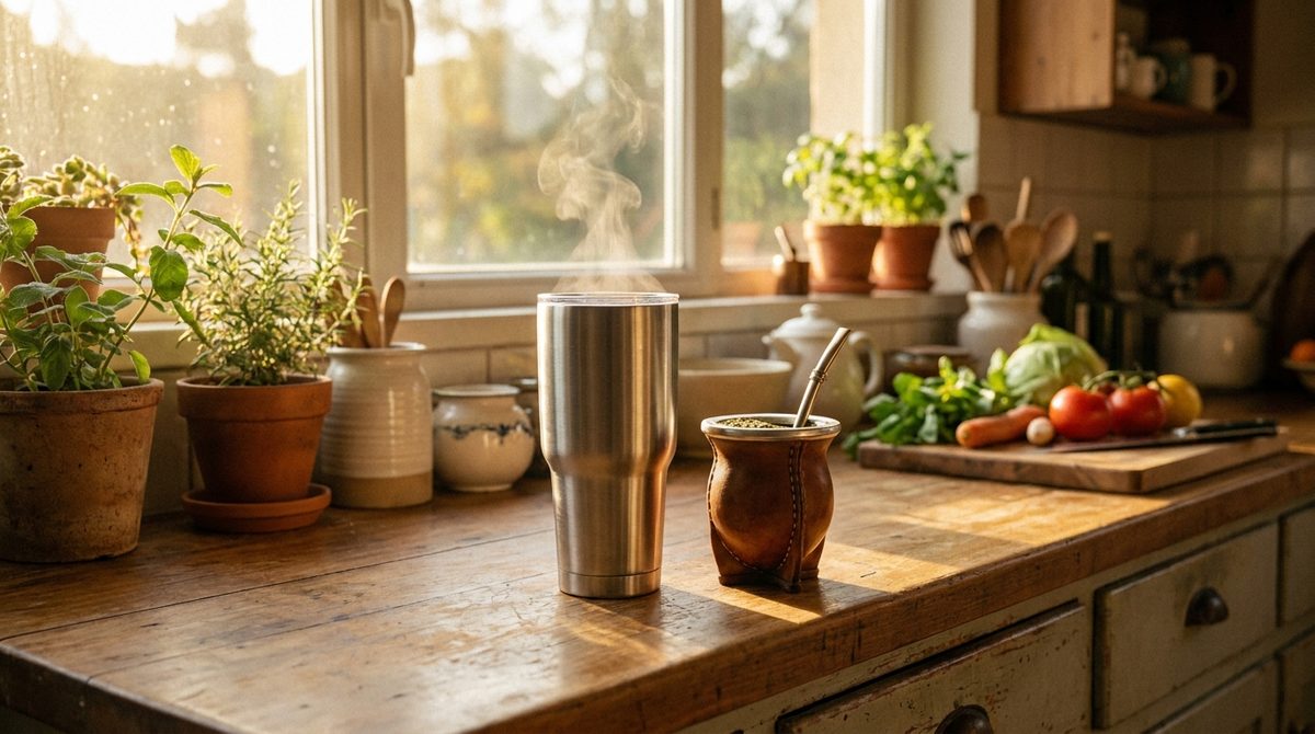 Vaso térmico de acero y mate argentino sobre la mesada de una cocina luminosa, un regalo útil para el Día de la Madre