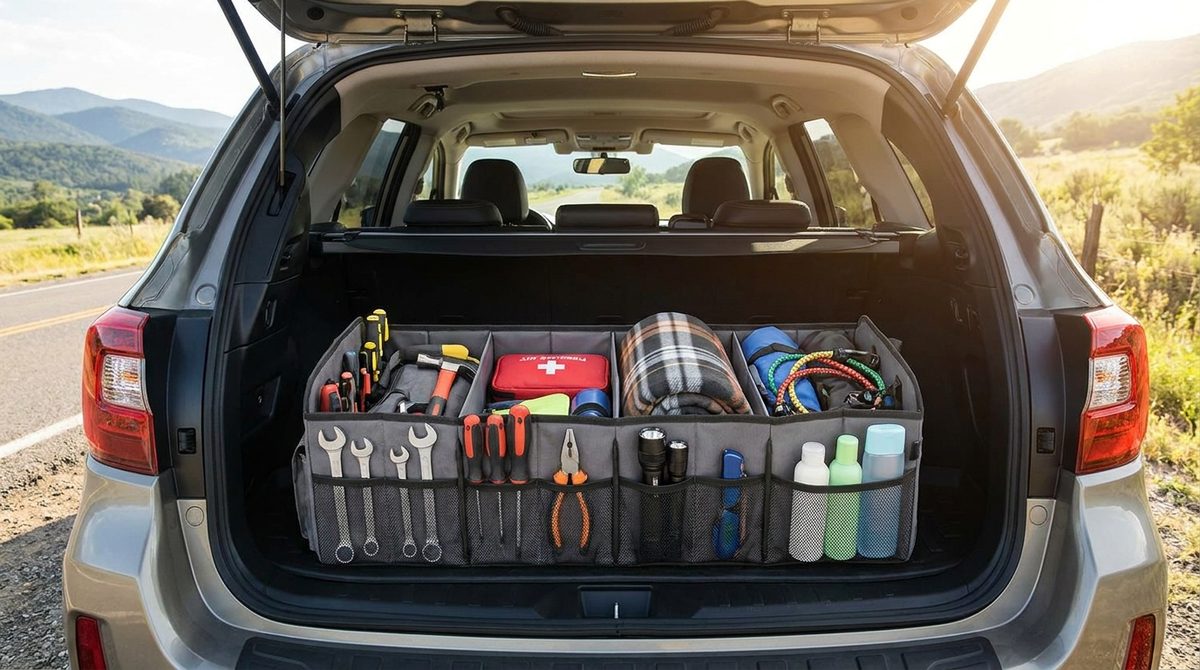 Baúl de auto ordenado con bolso organizador plegable con herramientas y elementos de viaje