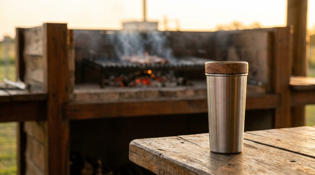 Vaso térmico de acero junto a la parrilla de un quincho argentino al atardecer, regalo para hombres