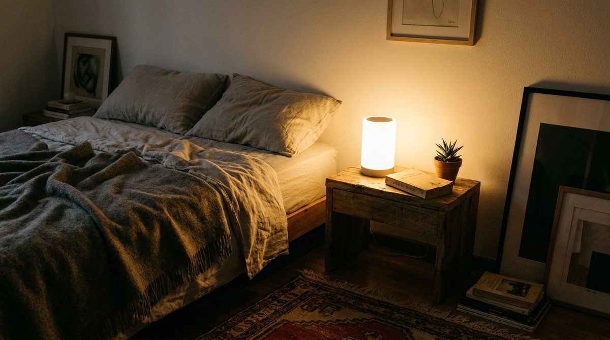 Velador LED con luz cálida encendido en la mesa de luz de un dormitorio acogedor, idea de regalo para mamá