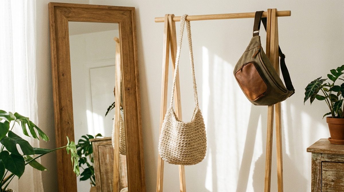 Bandolera tejida al crochet y riñonera urbana colgadas de un perchero de madera, regalos originales para mujeres en movimiento
