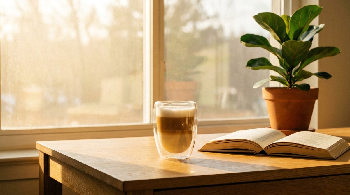 Vaso de vidrio doble pared con café con leche sobre un escritorio luminoso, regalo original para mujeres que aman el café