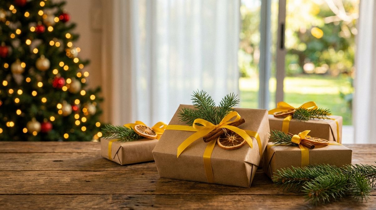 Regalos de Navidad envueltos en papel kraft con cintas amarillas y ramas de pino junto a un arbolito con luces cálidas