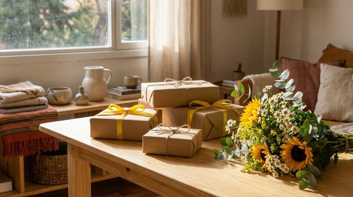 Regalos envueltos en papel kraft con cintas amarillas y flores frescas sobre una mesa, listos para el Día de la Madre