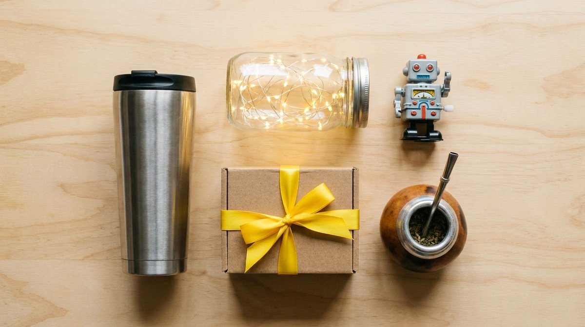 Ideas de regalos para el Día del Amigo: vaso térmico, luces LED, gadget divertido, mate y caja de regalo con cinta amarilla