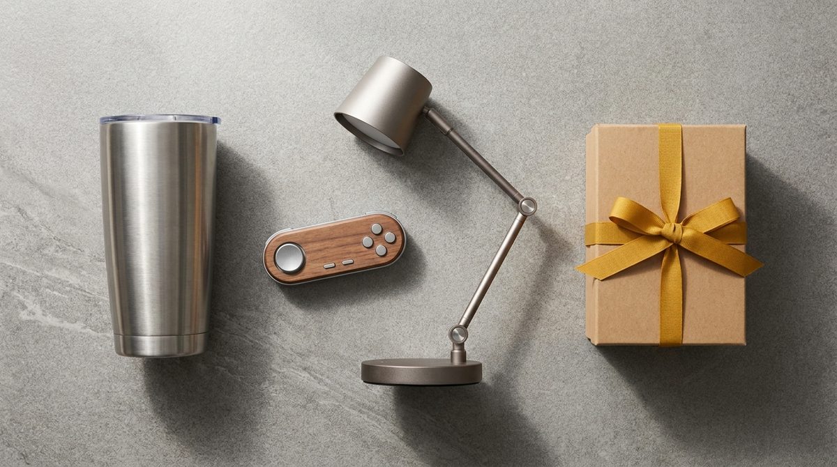 Regalos originales para hombres sobre fondo gris: vaso térmico de acero, gadget, lámpara de escritorio y caja kraft con cinta amarilla
