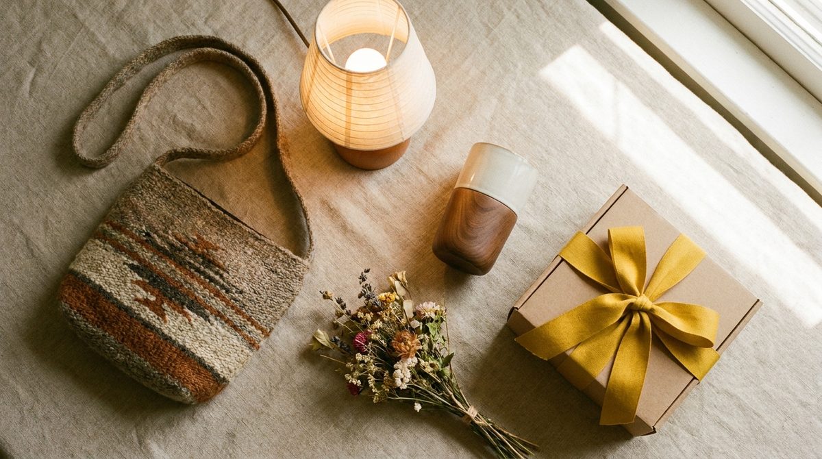Composición de regalos originales para mujeres: bandolera tejida, velador cálido, vaso térmico y caja de regalo con cinta amarilla