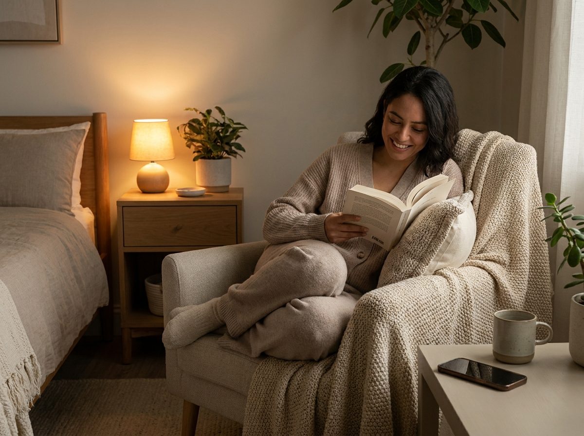 Persona leyendo un libro antes de dormir con el celular apartado, una rutina sin pantallas para descansar mejor