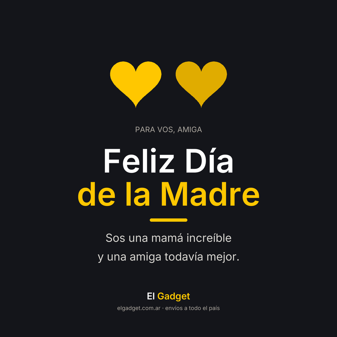 Imagen de Feliz Día de la Madre para una amiga: texto blanco y amarillo sobre fondo negro con dos corazones unidos