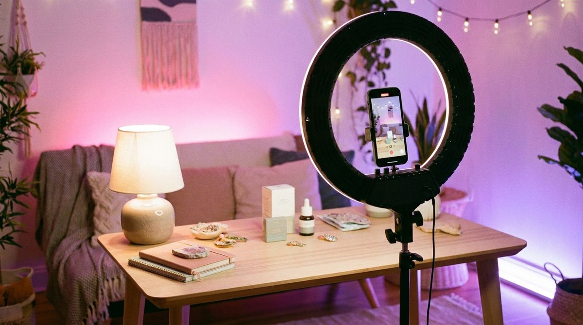 Setup para monetizar Instagram: celular en aro de luz grabando un reel de productos